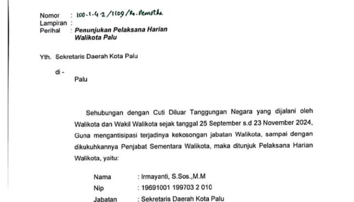 Masa Jabatan PLh Wali Kota Palu Hingga dikukuhkan Penjabat Sementara