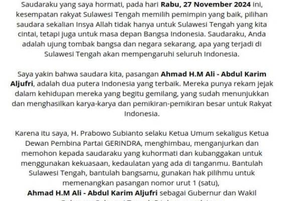 Beredar Surat Prabowo Ajak Masyarakat Menangkan Ahmad Ali, Longki: Pasti Betul